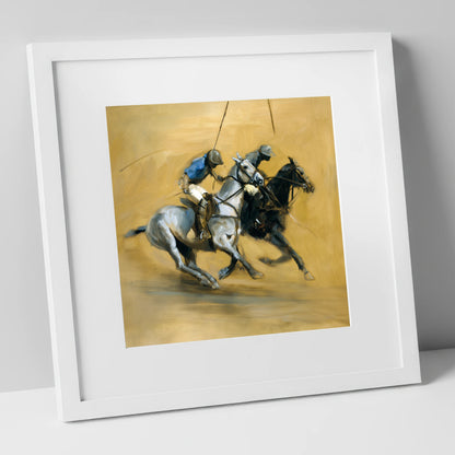The Ride Off polo horse art print in white frame