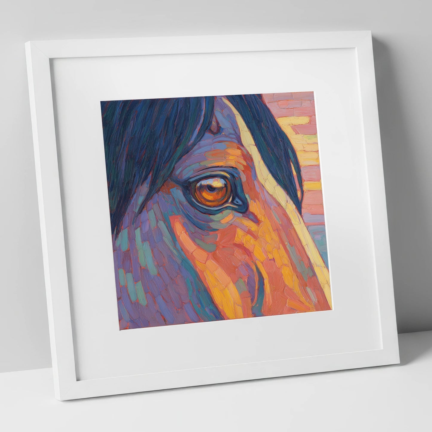The Vivid Gaze horse portrait art print in white frame