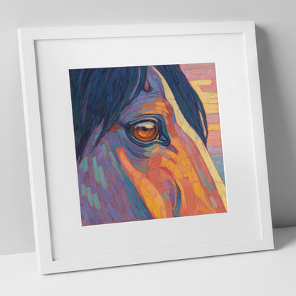The Vivid Gaze horse portrait art print in white frame