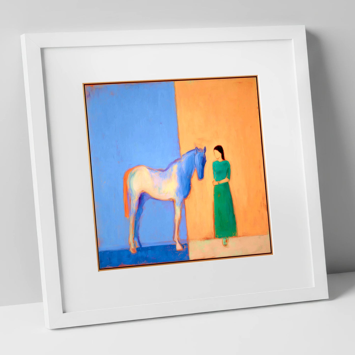 The Silent Dialogue horse & rider art print in white frame