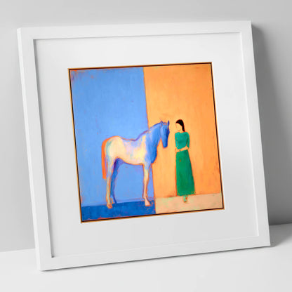 The Silent Dialogue horse & rider art print in white frame