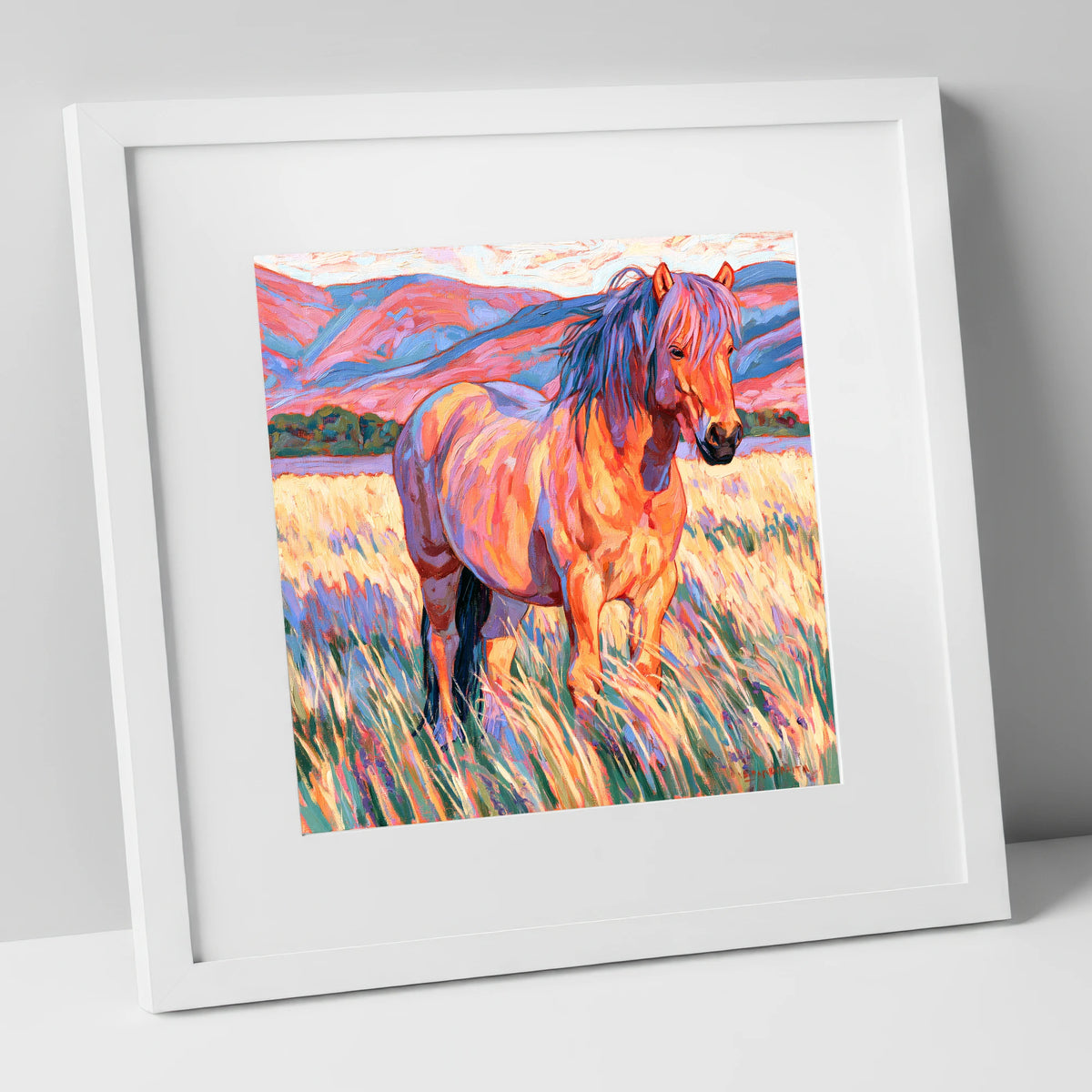 Colourful Horse in Golden Grass horse breed art print in white frame