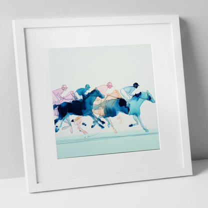 Fluid Racing Strides racing horse art print in white frame