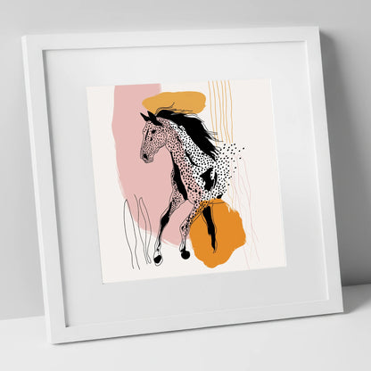 Contemporary Spotted Silhouette horse portrait art print in white frame