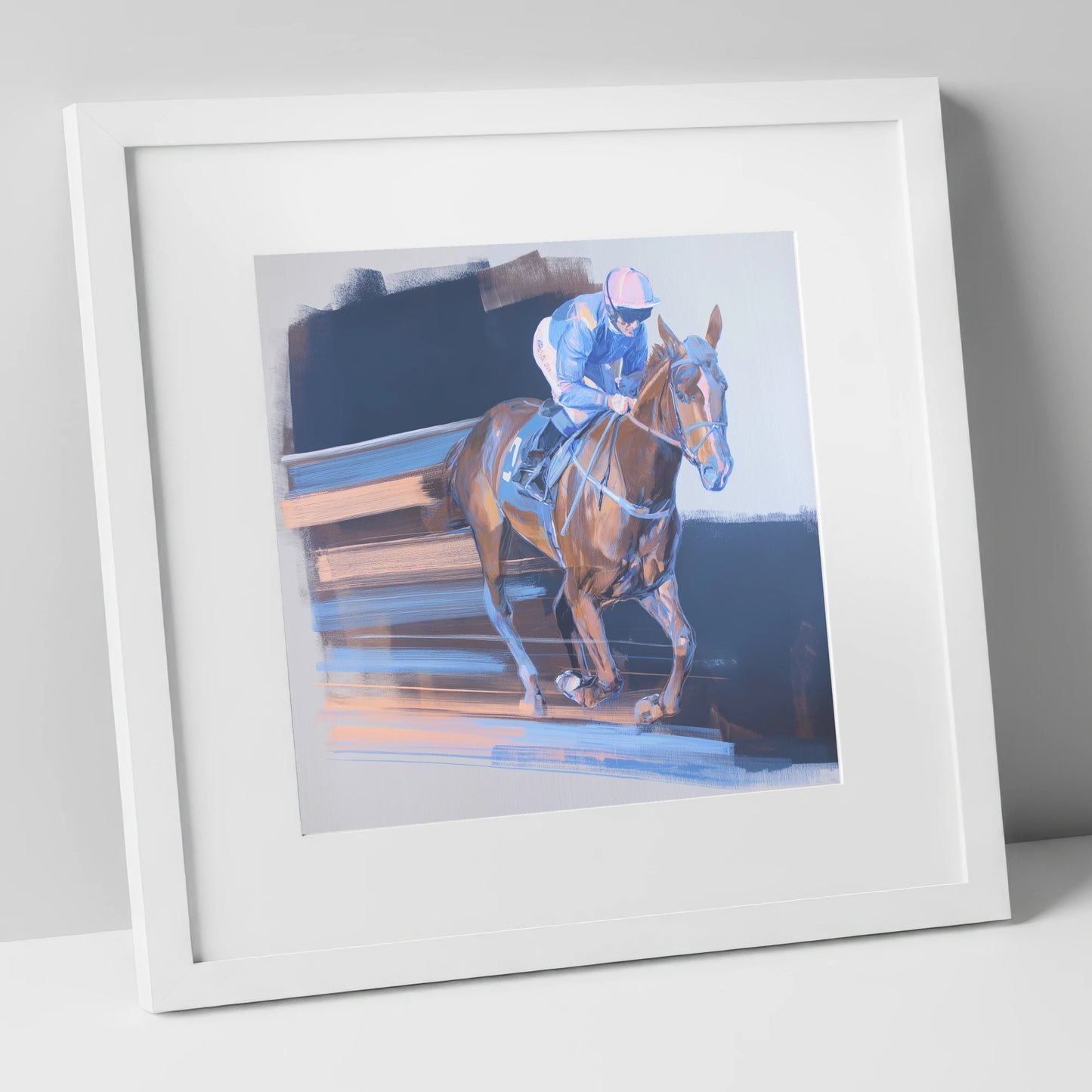 Velocity in Blue racing horse art print in white frame