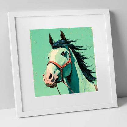 Windswept in Teal horse breed art print in white frame