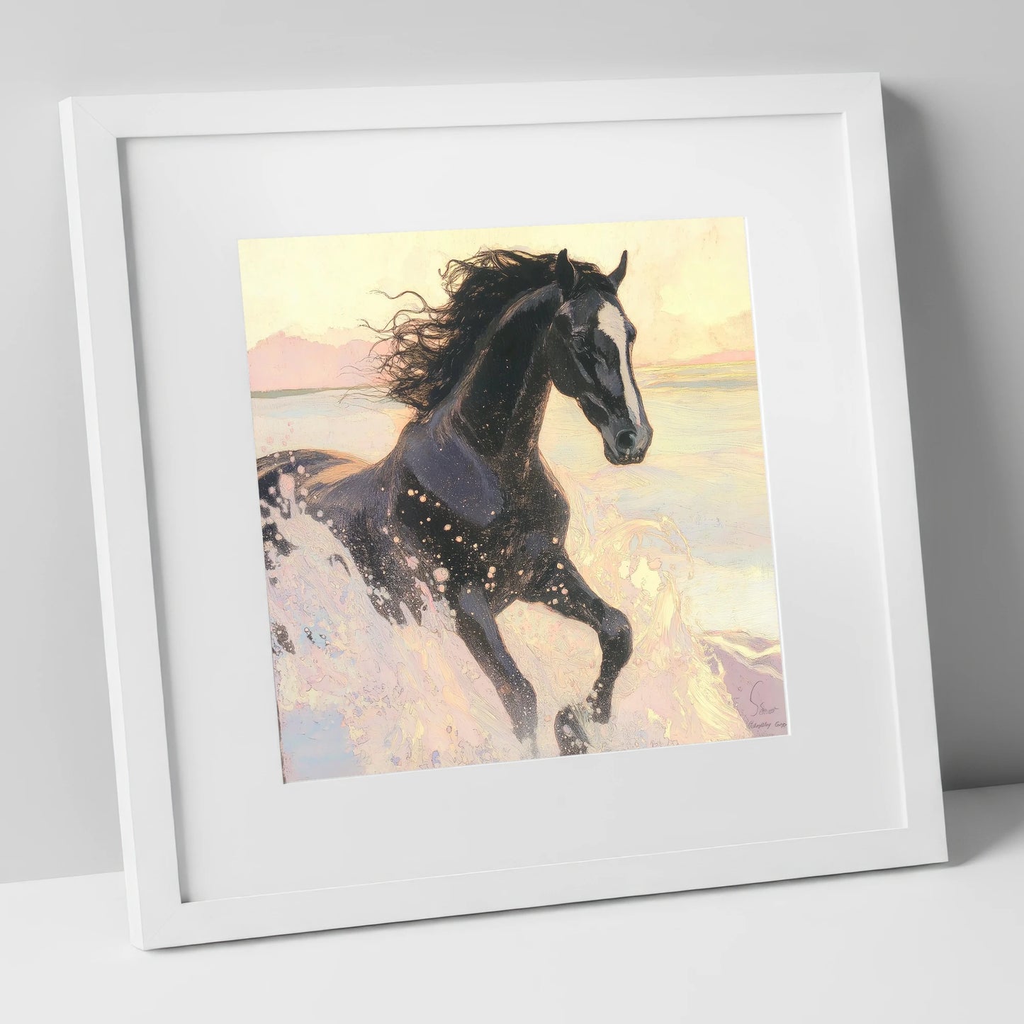 Ethereal Tide wild horses art print in white frame