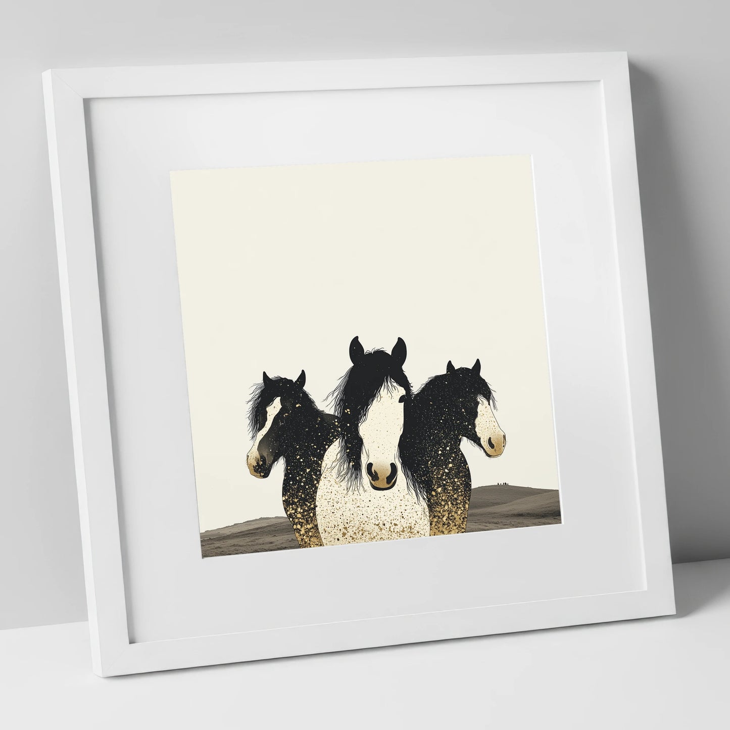 Gilded Companions horse landscape art print in white frame