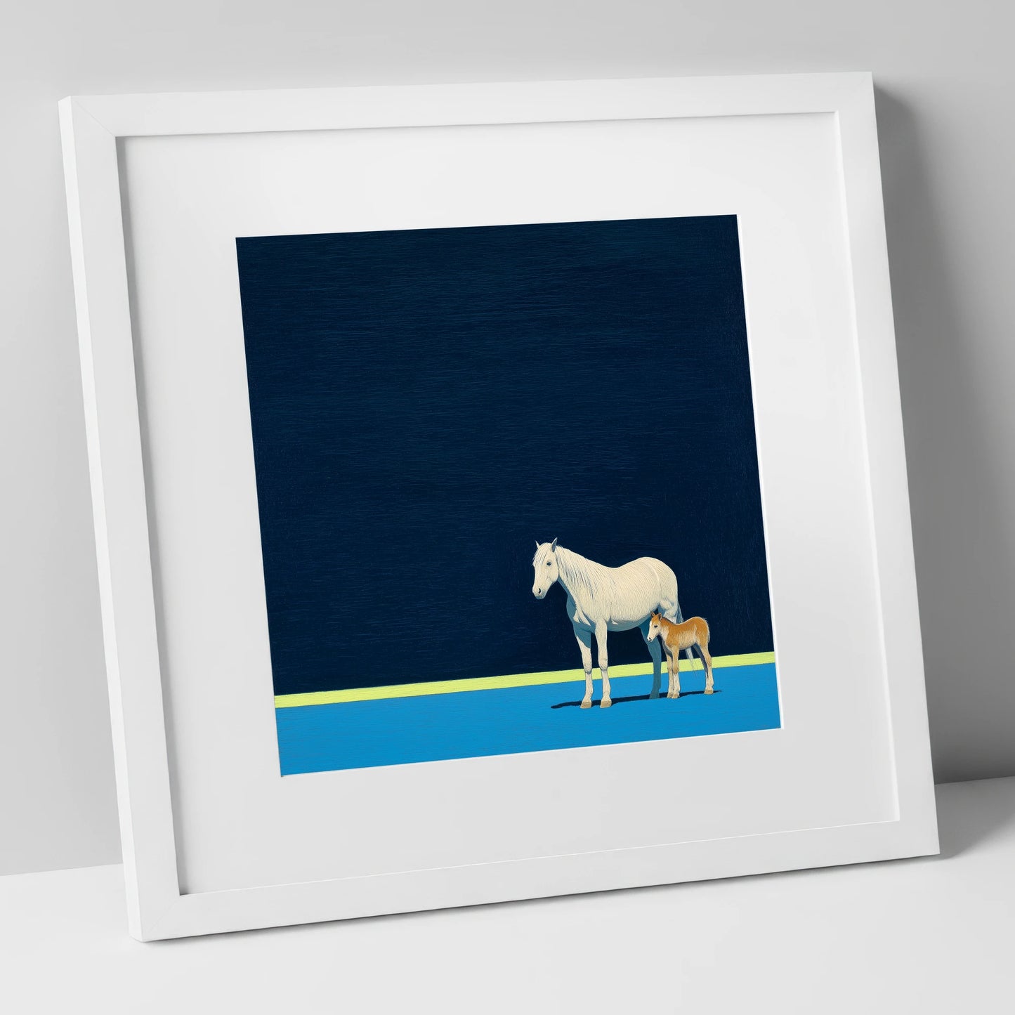 Midnight Horizon Mare And Foal mare & foal art print in white frame