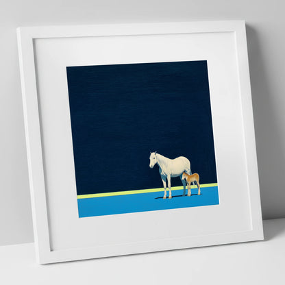 Midnight Horizon Mare And Foal mare & foal art print in white frame