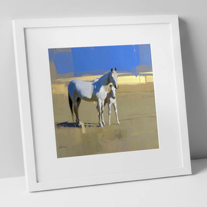 Midsummer Greys mare & foal art print in white frame