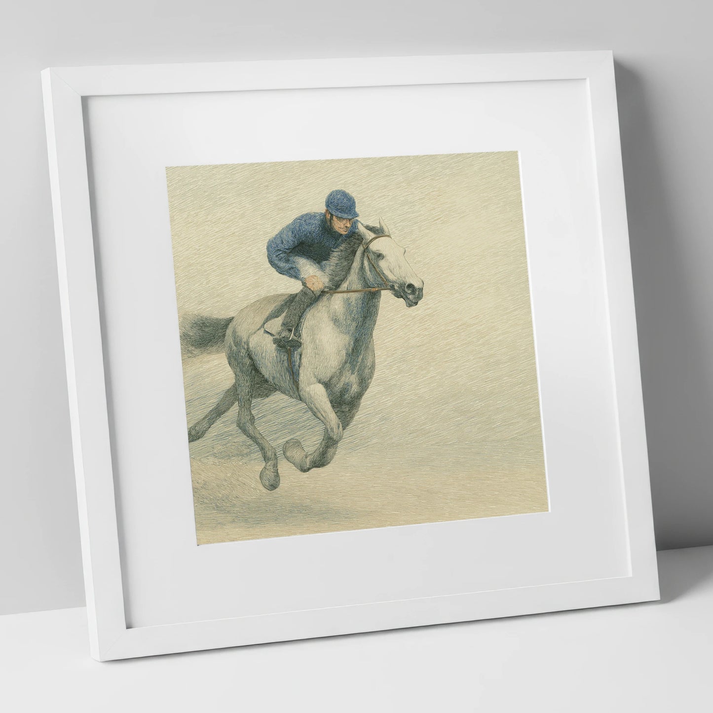 Racing the Grey racing horse art print in white frame