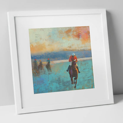 The Front Runner racing horse art print in white frame