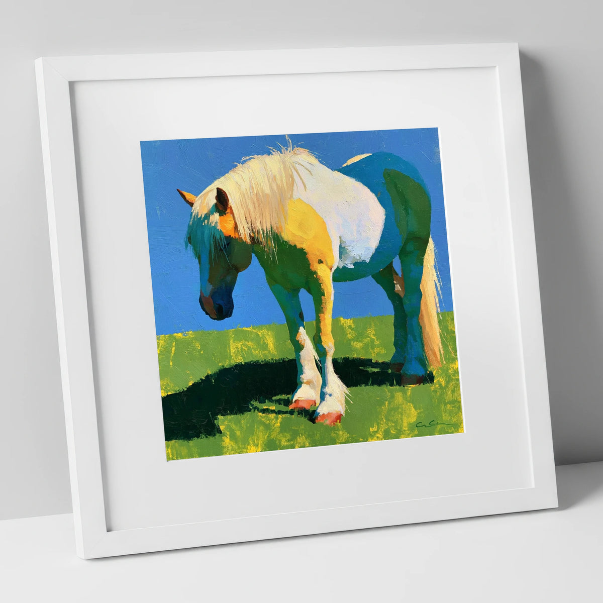 Colourful Cob in Summer Sunlight horse breed art print in white frame