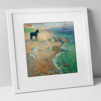 Shoreline Solitude horse landscape art print in white frame