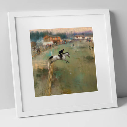 Clearing the Timber show jumping horse art print in white frame