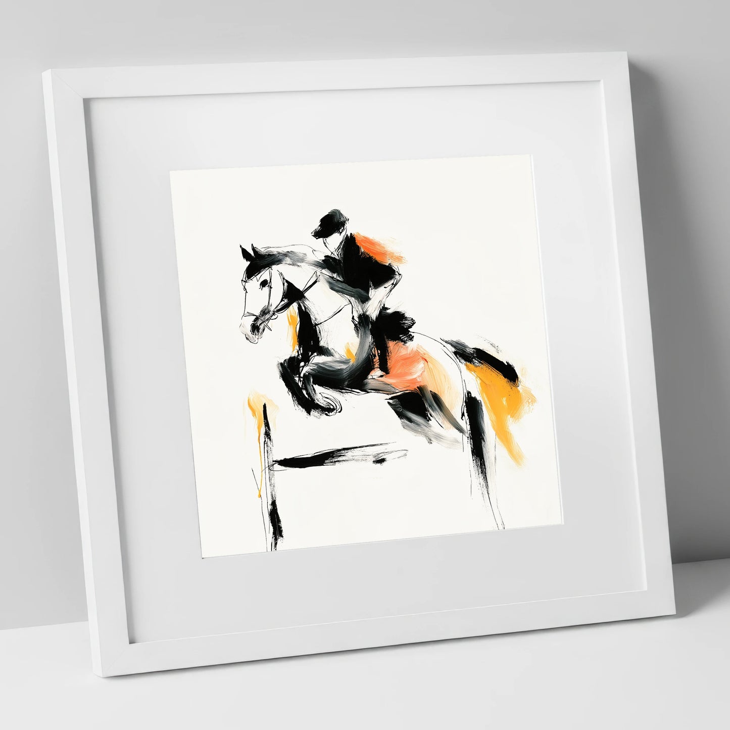 The Amber Leap show jumping horse art print in white frame