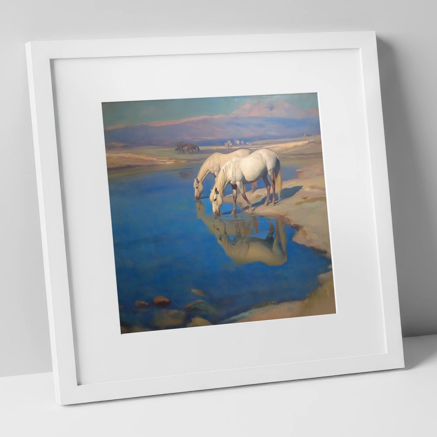 Reflections in Azure wild horses art print in white frame