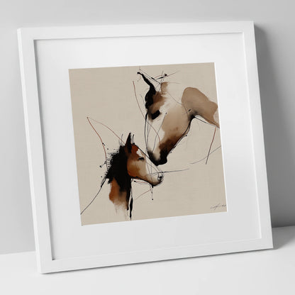 Tender Sepia Bond mare & foal art print in white frame