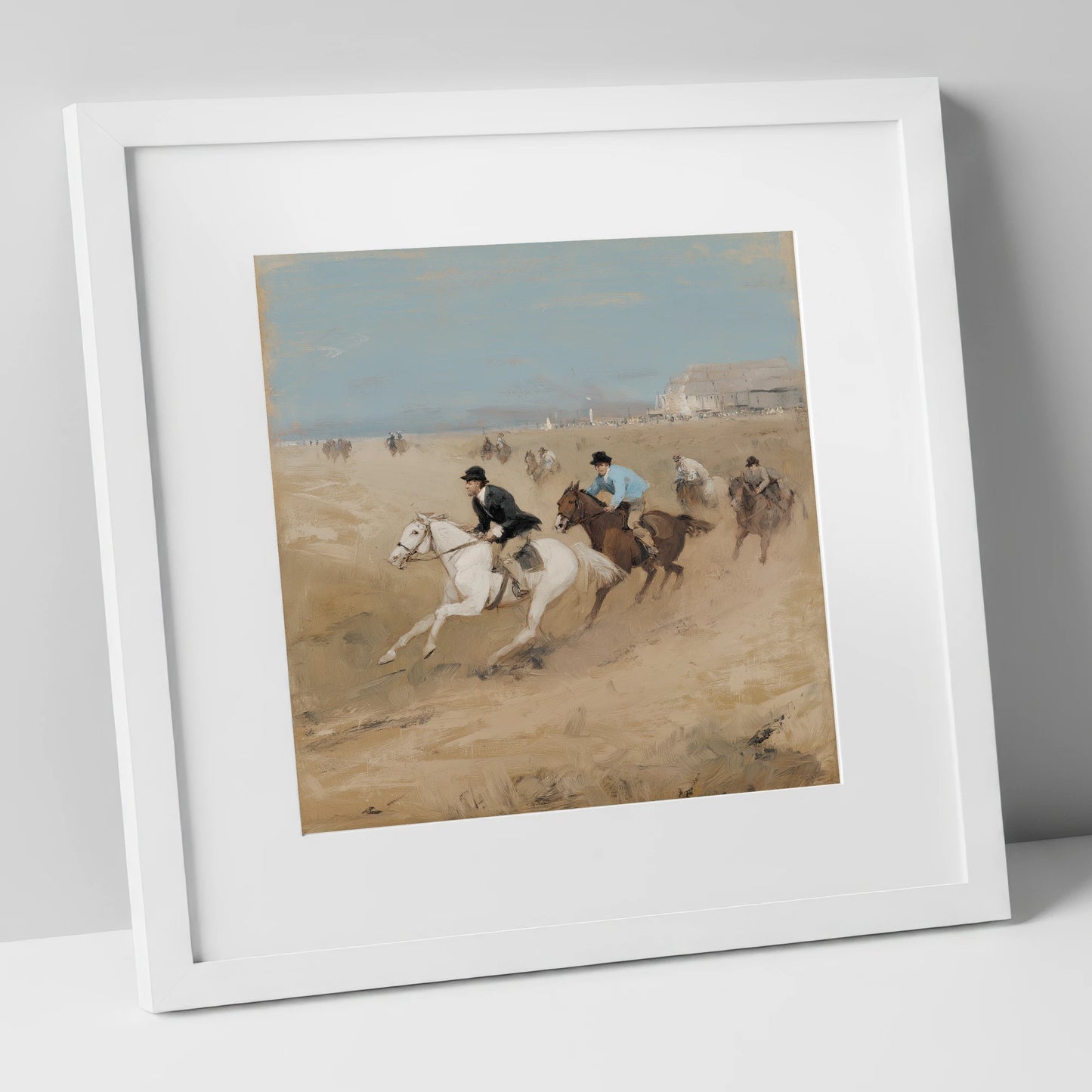 Galloping on the Sands racing horse art print in white frame