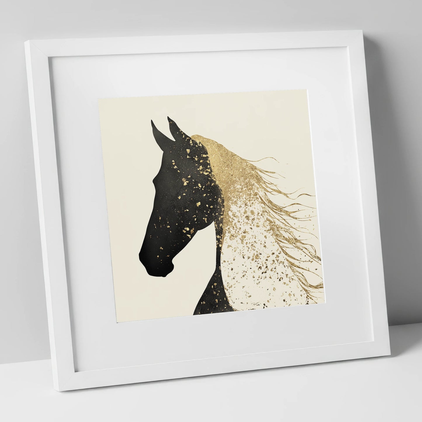 Gilded Equine Silhouette horse breed art print in white frame