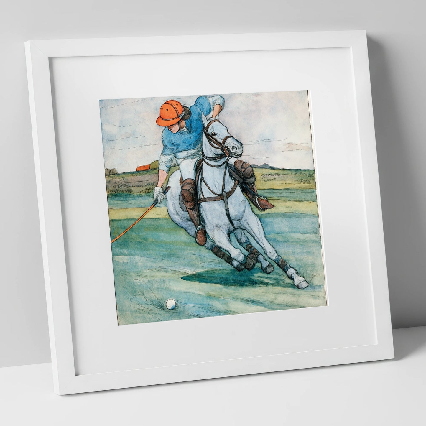 The Nearside Strike polo horse art print in white frame