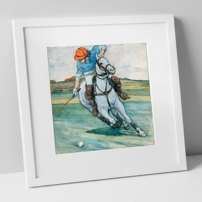 The Nearside Strike polo horse art print in white frame