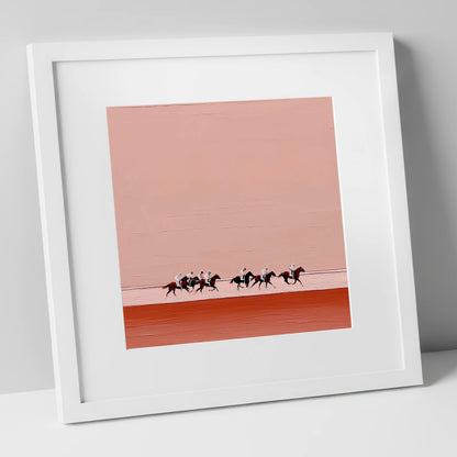 Dusty Rose Gallop racing horse art print in white frame