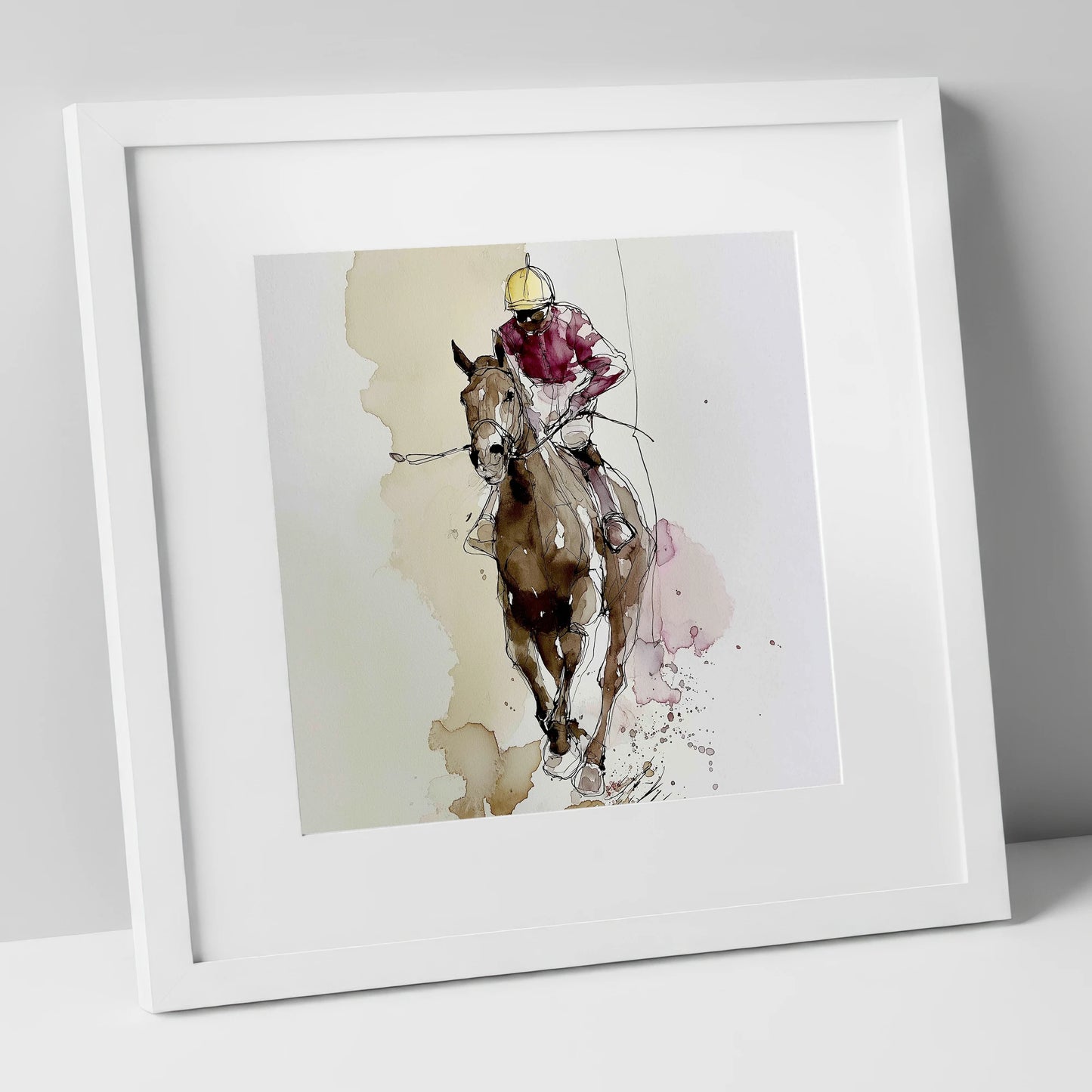 Furlong Flow in Burgundy racing horse art print in white frame