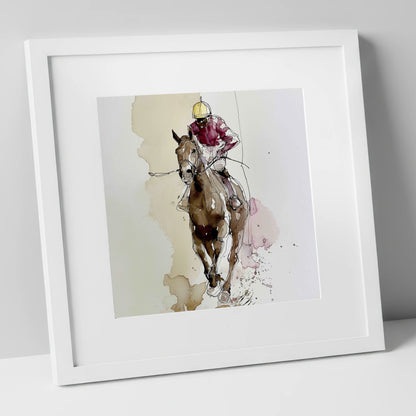 Furlong Flow in Burgundy racing horse art print in white frame