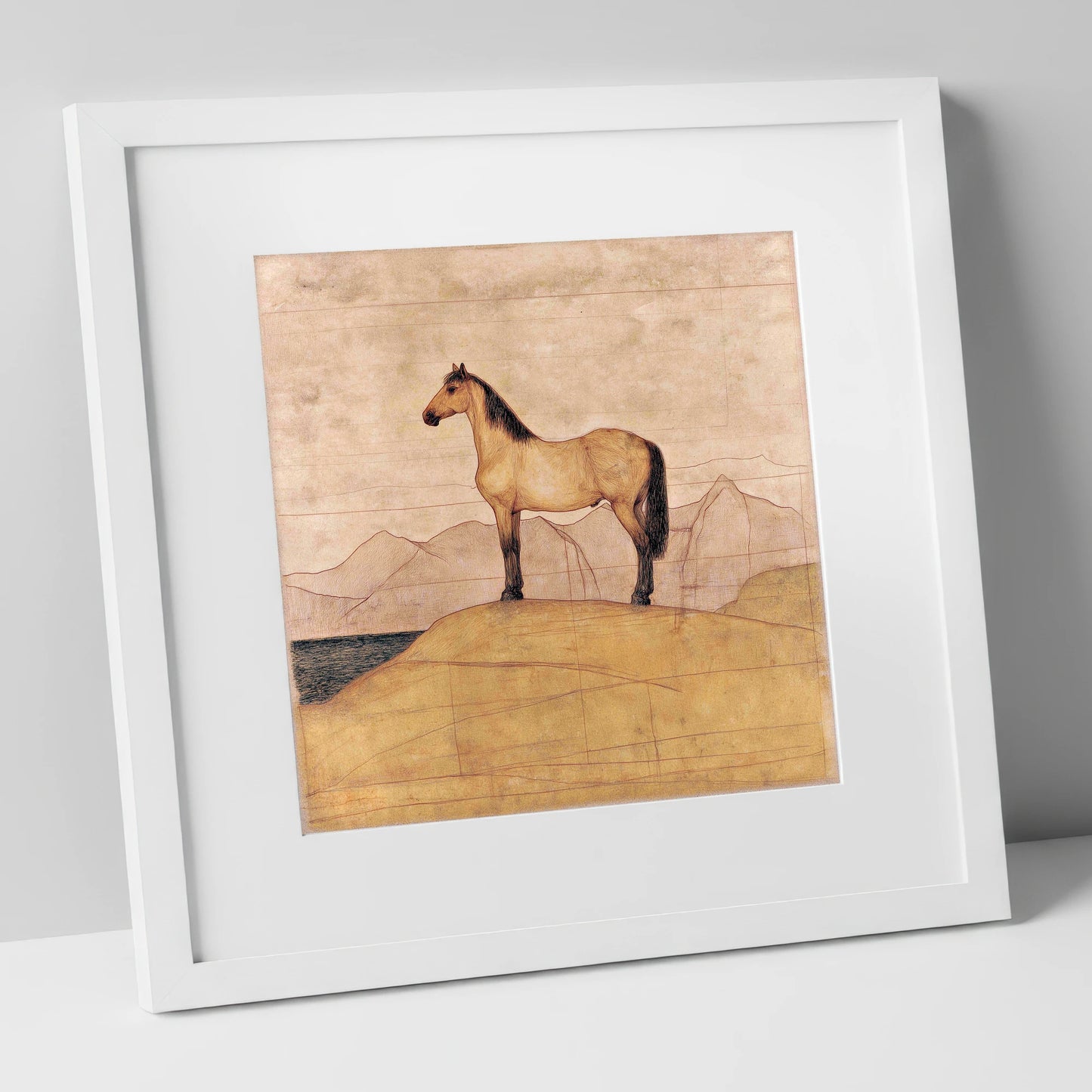 Golden Ridge Study horse landscape art print in white frame