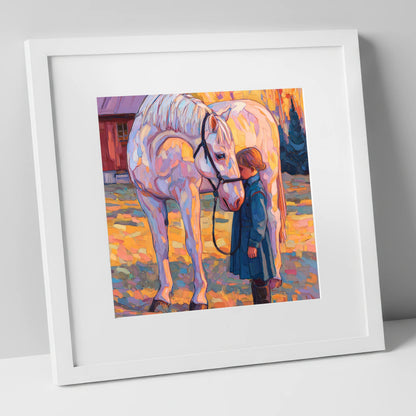 A Quiet Connection horse & rider art print in white frame