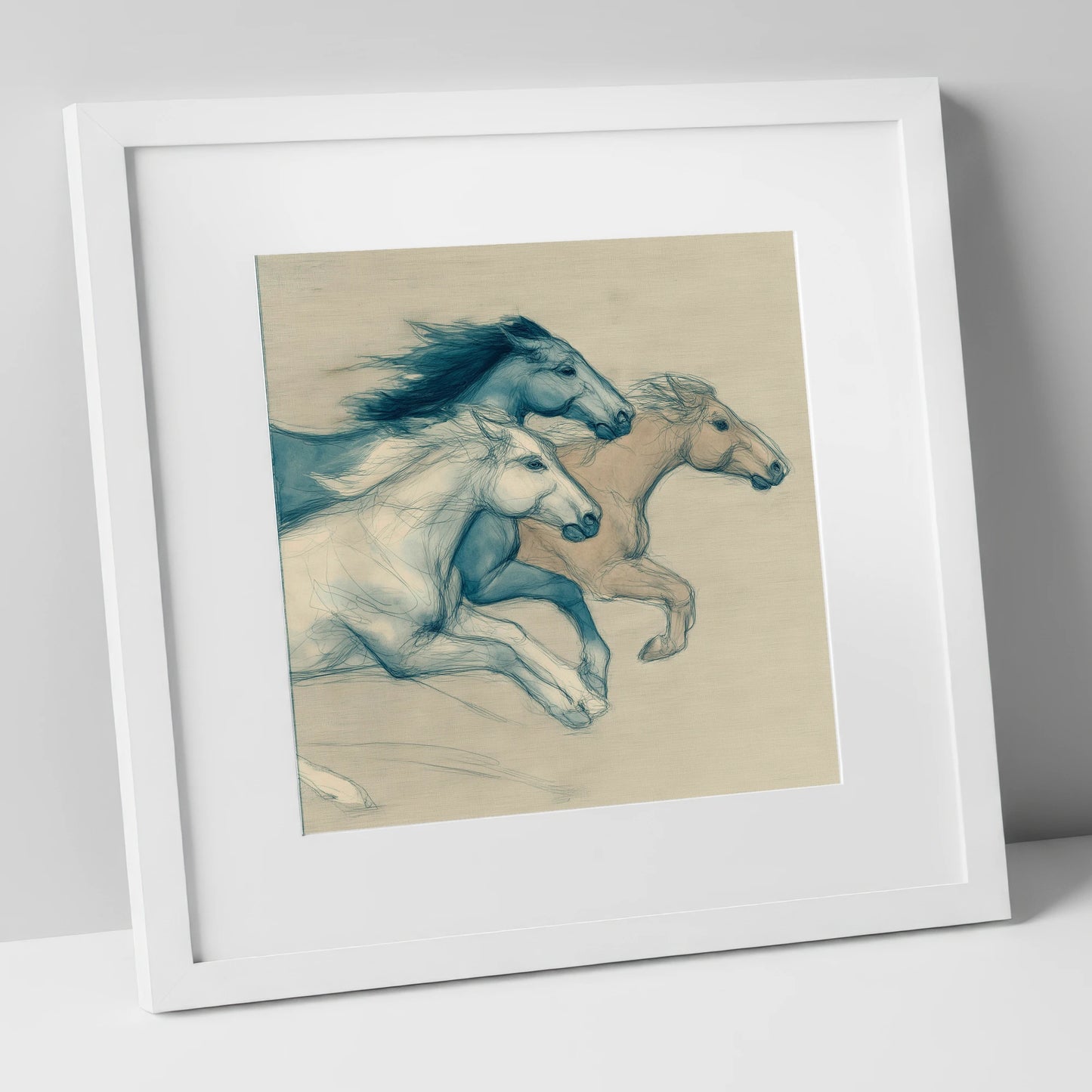 Azure Equine Trio wild horses art print in white frame