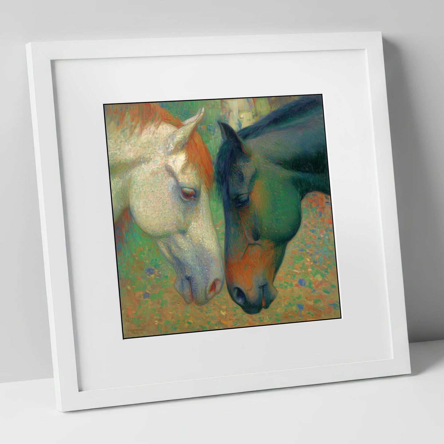Dappled Companions horse portrait art print in white frame