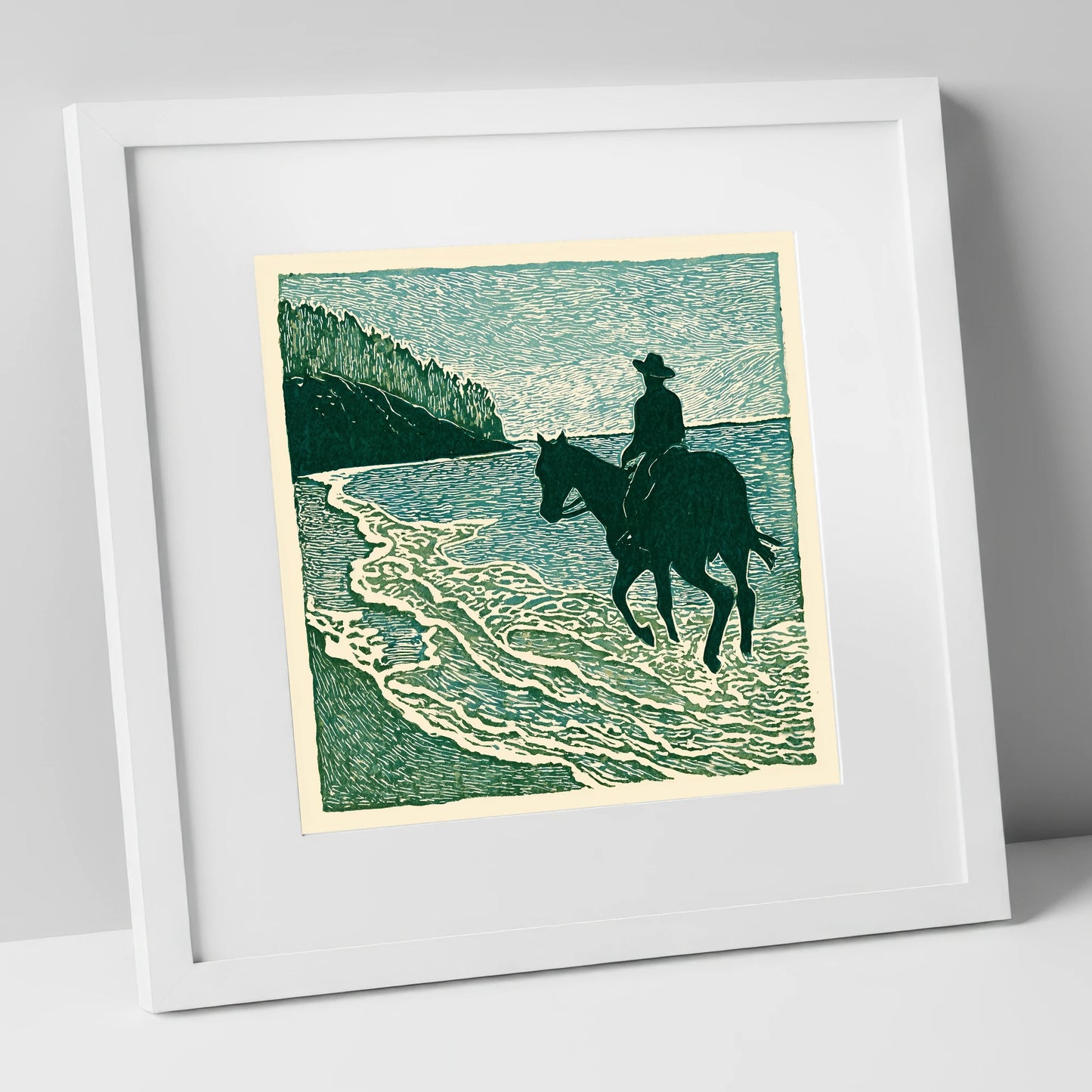 Edge of the Tide beach horse art print in white frame