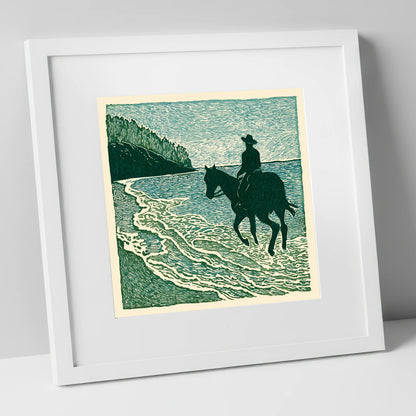 Edge of the Tide beach horse art print in white frame