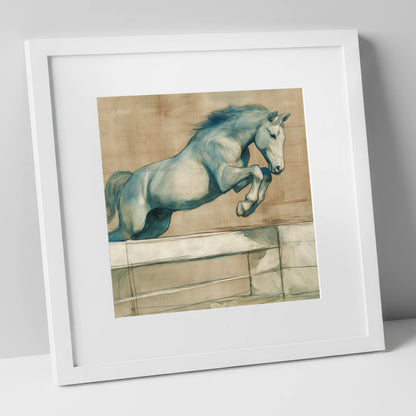 Airborne Grace show jumping horse art print in white frame