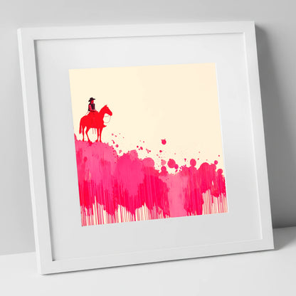 Magenta Maverick western horse art print in white frame