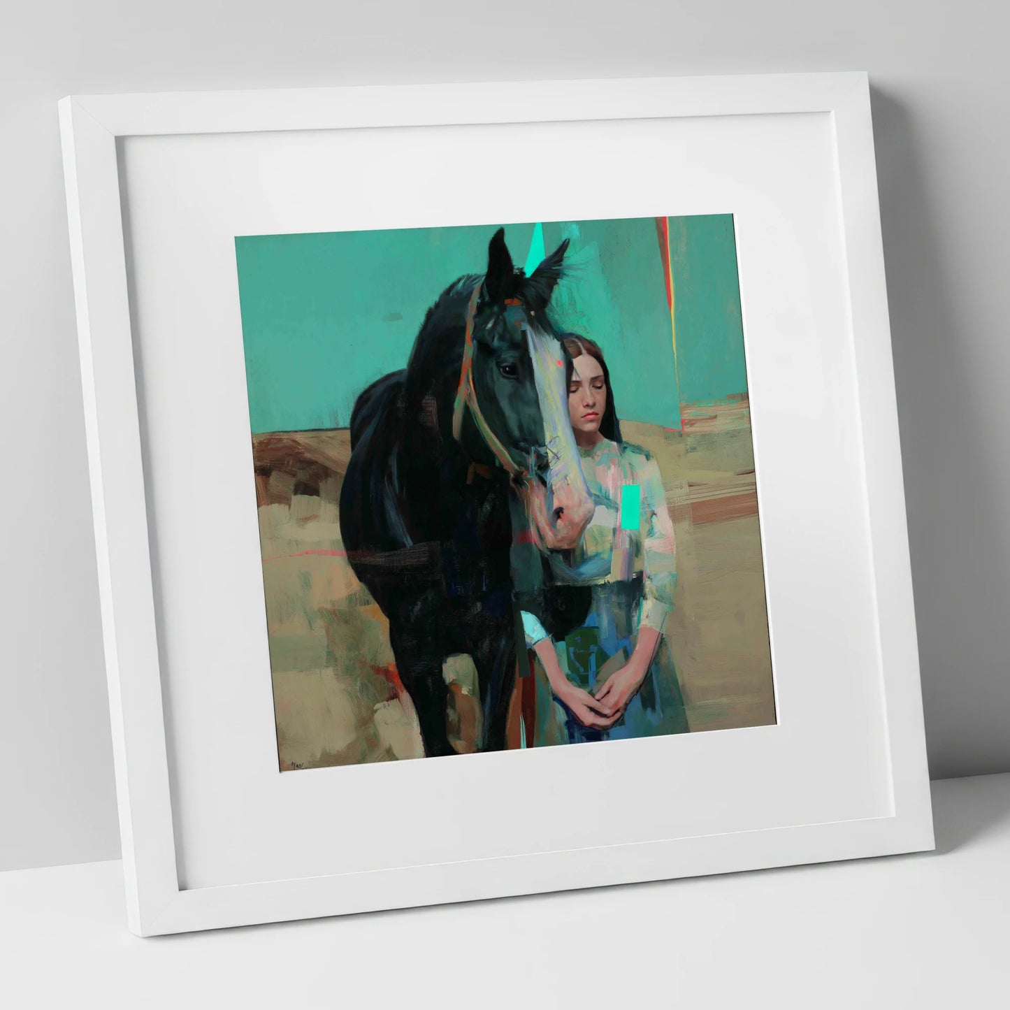 The Quiet Bond horse & rider art print in white frame