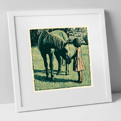 First Greetings horse & rider art print in white frame
