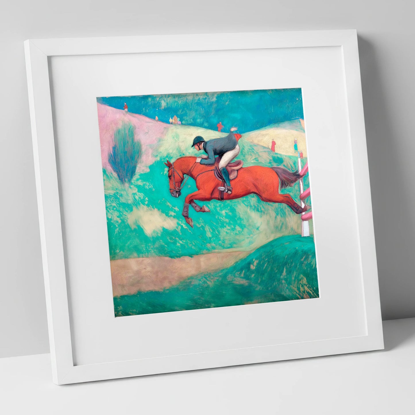 Flight Over Emerald Hills show jumping horse art print in white frame