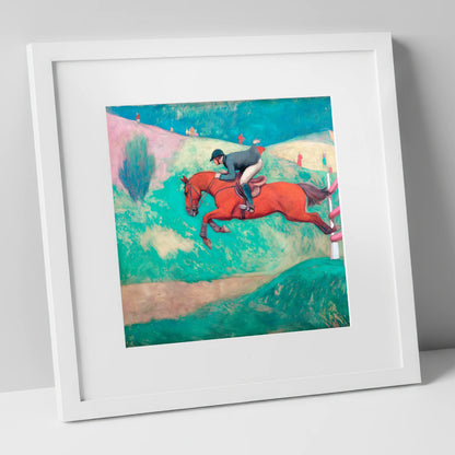 Flight Over Emerald Hills show jumping horse art print in white frame