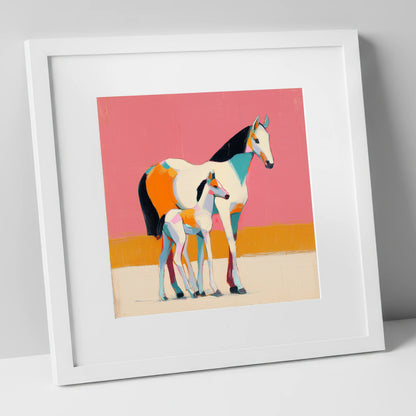 Vivid Painted Bond mare & foal art print in white frame