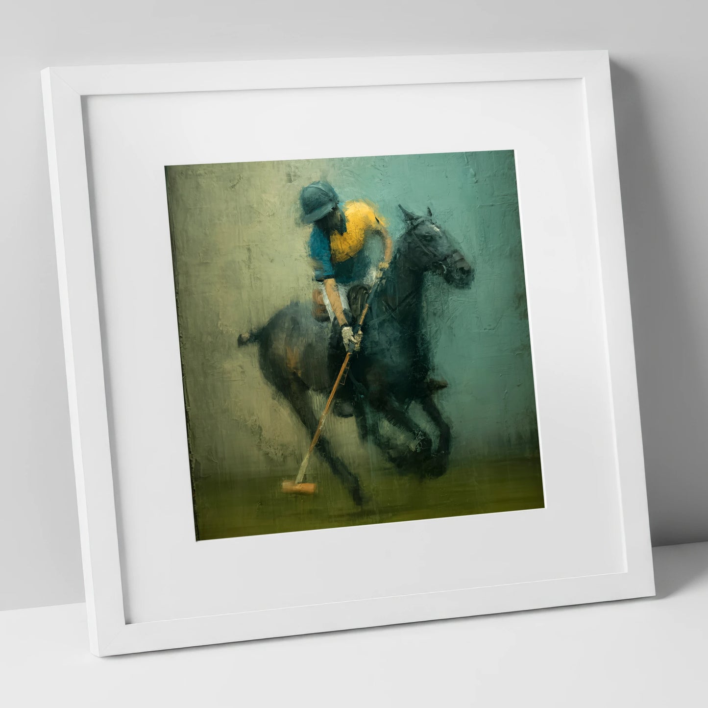 Midfield Strike polo horse art print in white frame