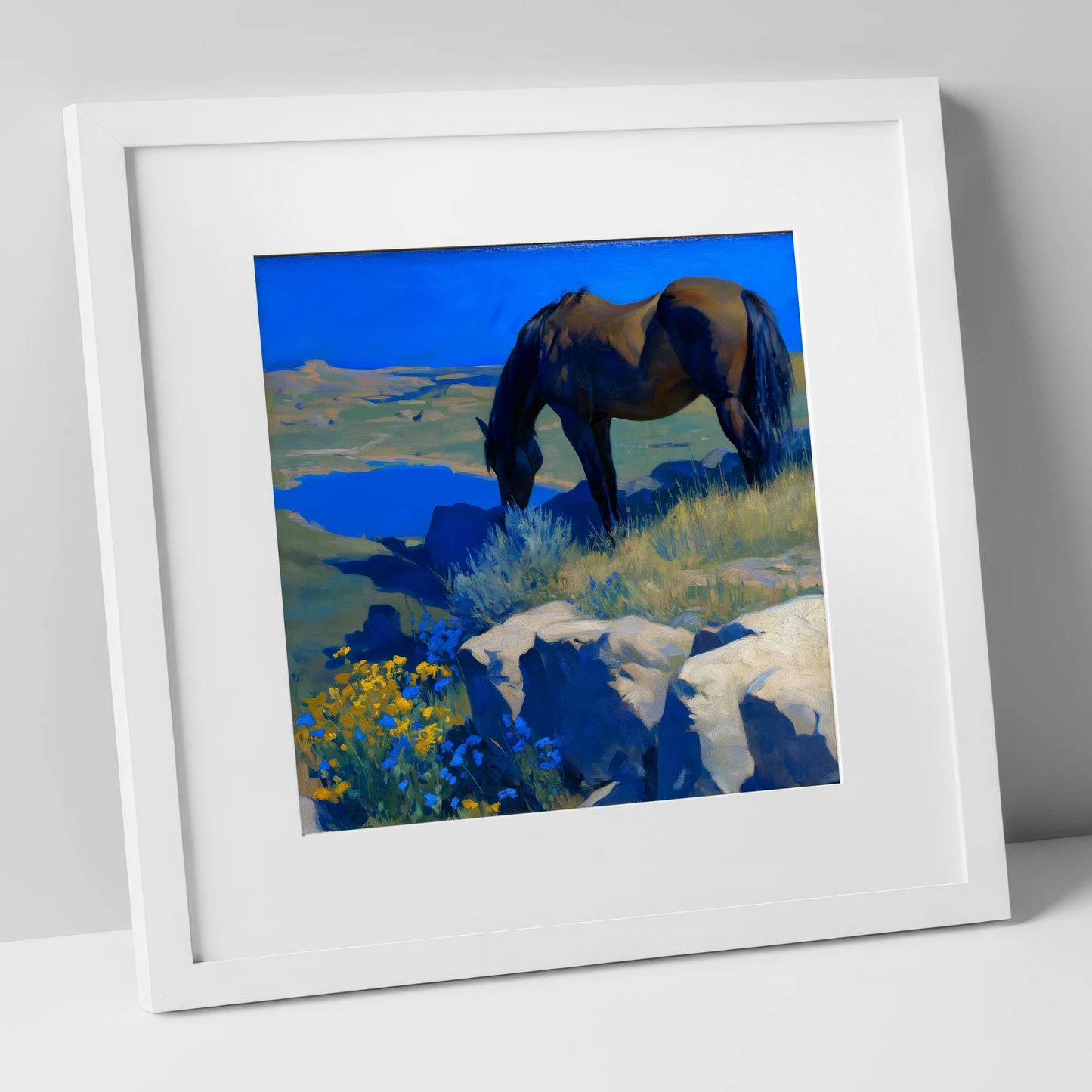 Cobalt Horizon Grazing horse landscape art print in white frame