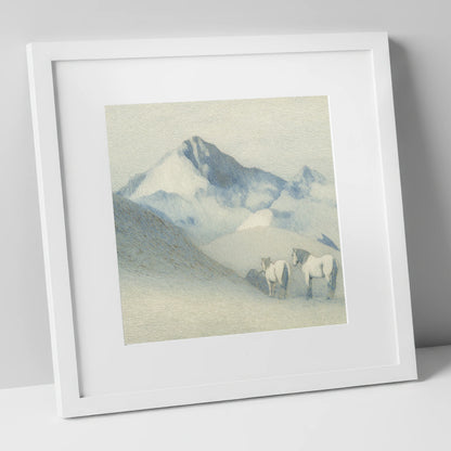 Slate Blue Peaks horse landscape art print in white frame