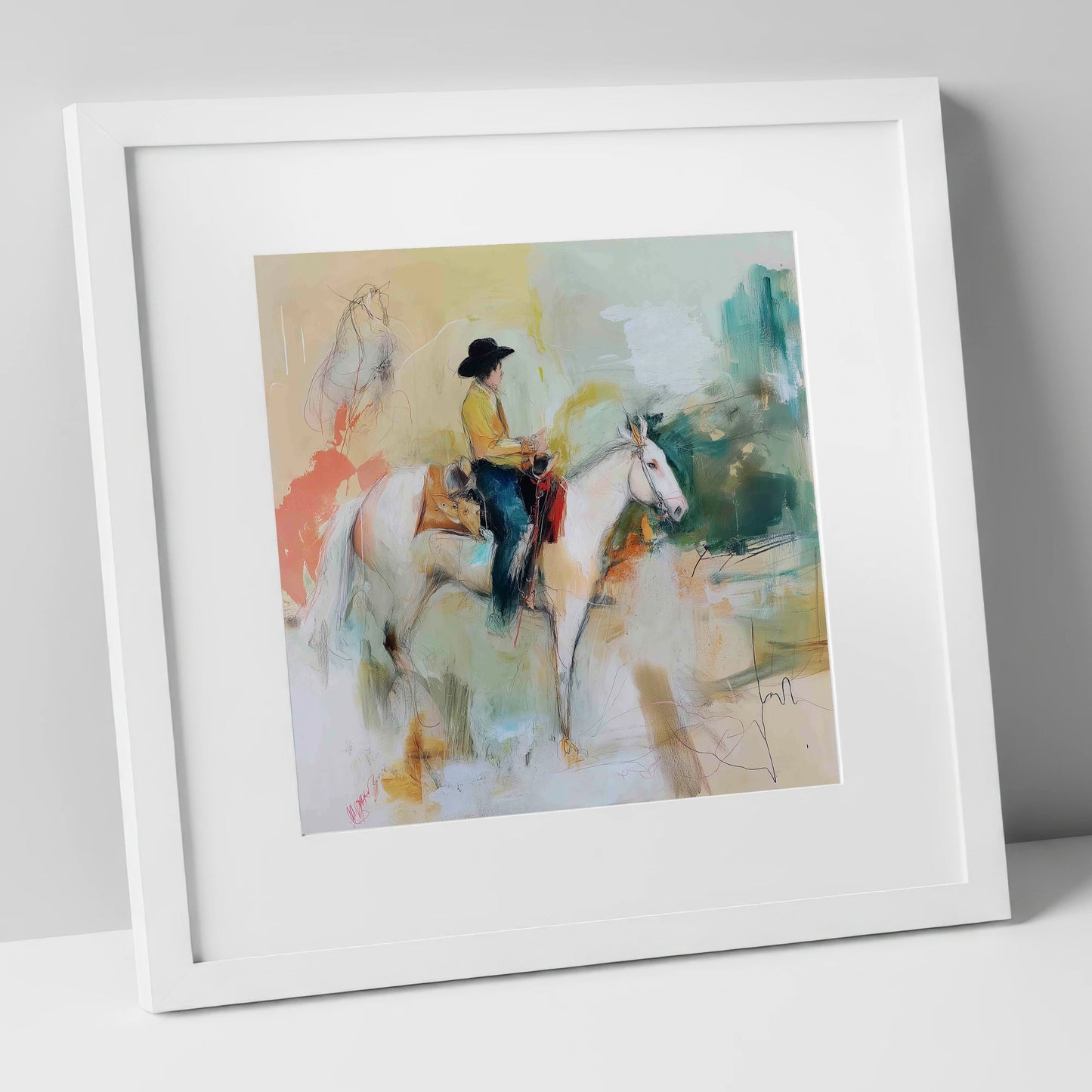 Painted Prairie Solitude western horse art print in white frame