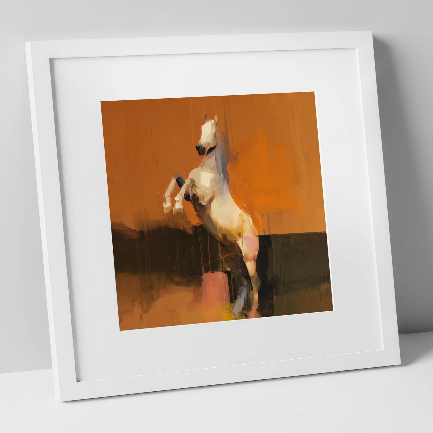 Rise in Ochre horse portrait art print in white frame