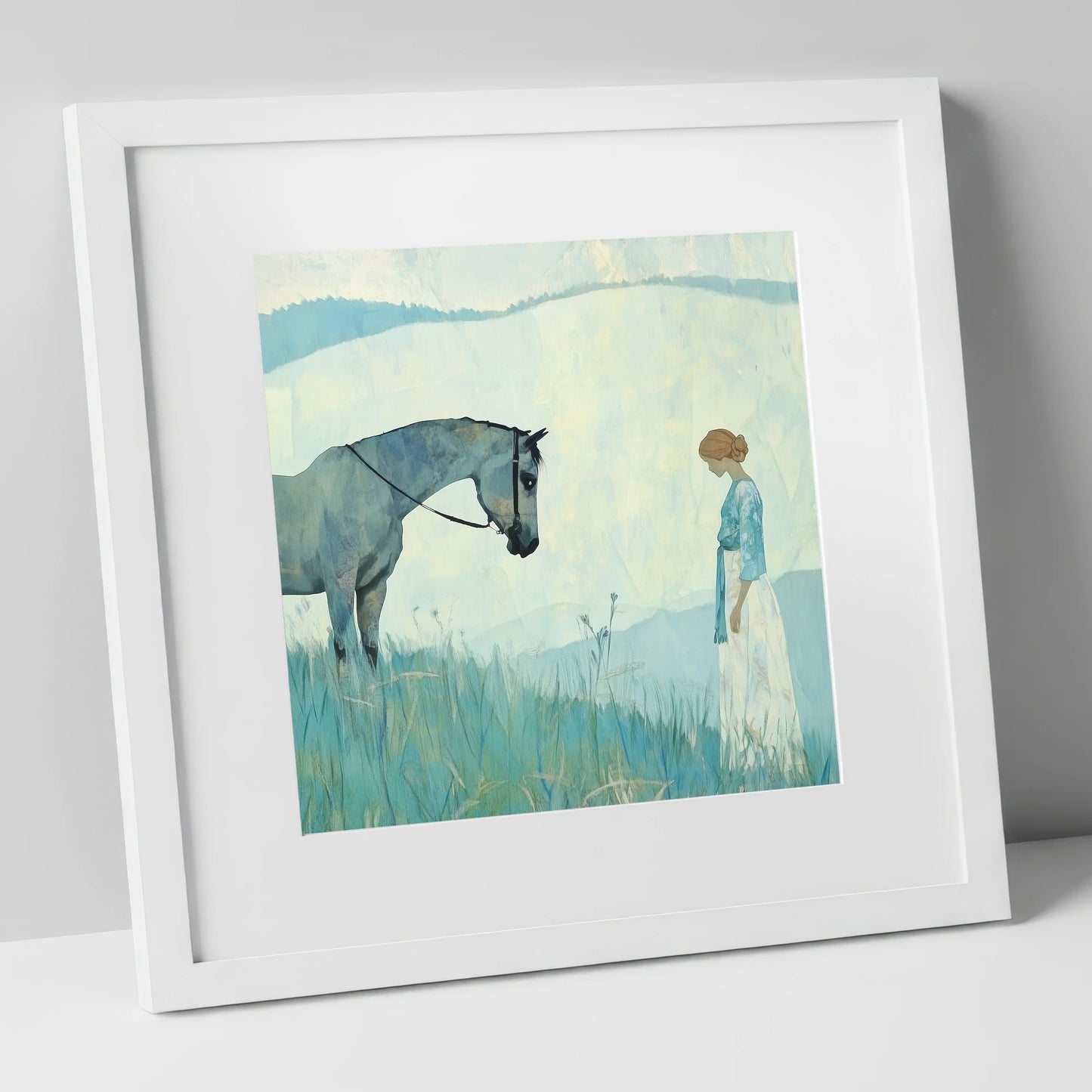 Gentle Regard horse & rider art print in white frame