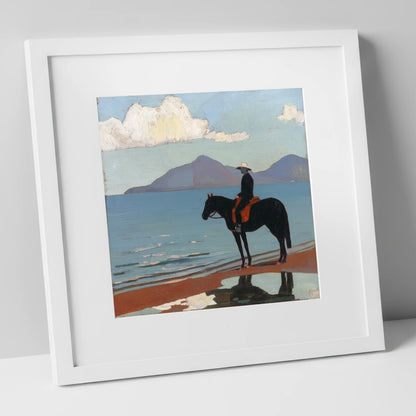 Silhouette on the Sands beach horse art print in white frame